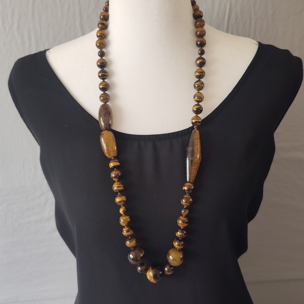Vintage Tigers Eye Beaded Necklace Natural Stone Graduated Statement 32 Inch